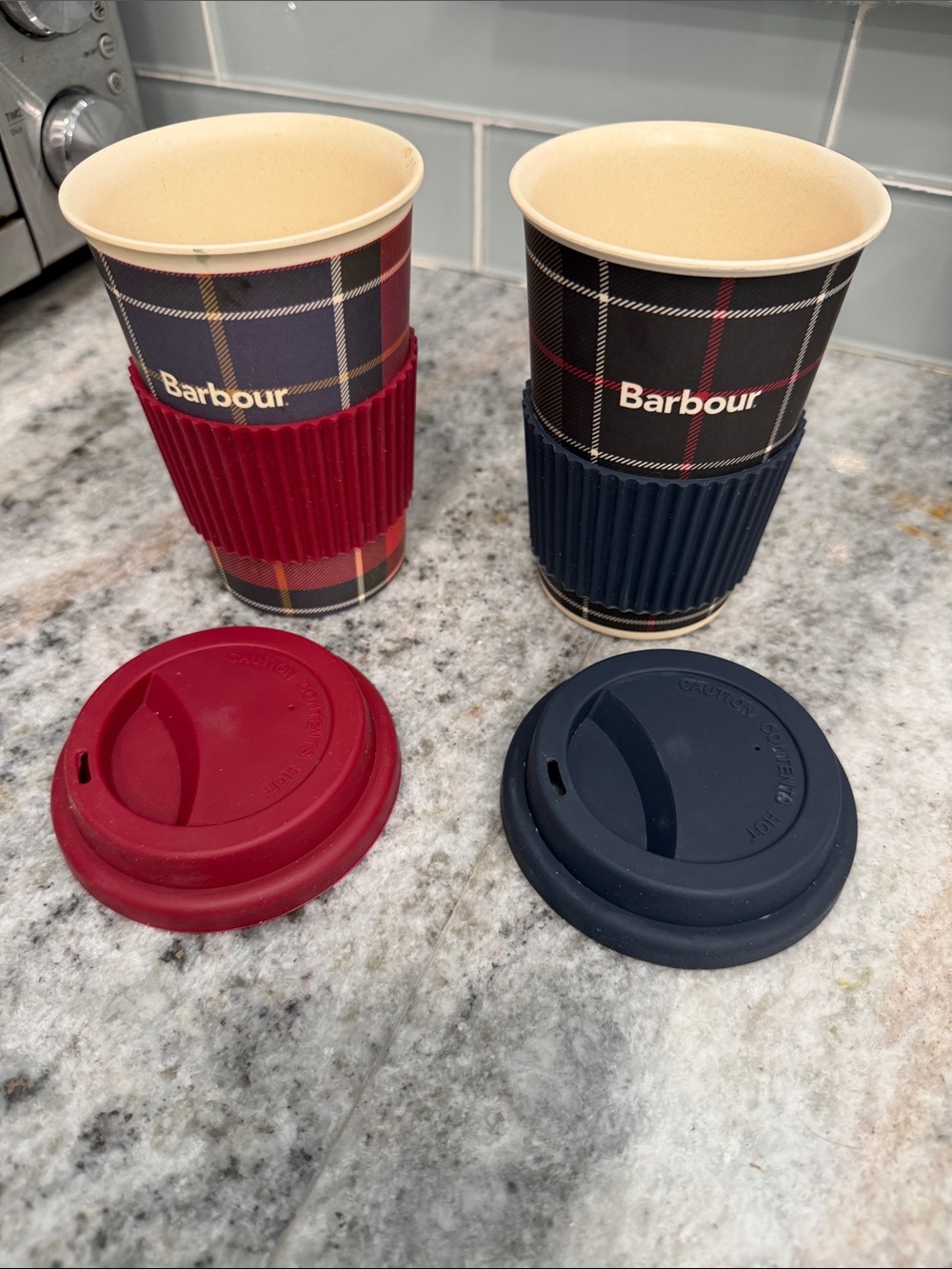 Barbour Tartan Travel Cups with Red and Navy Silicone Grips
